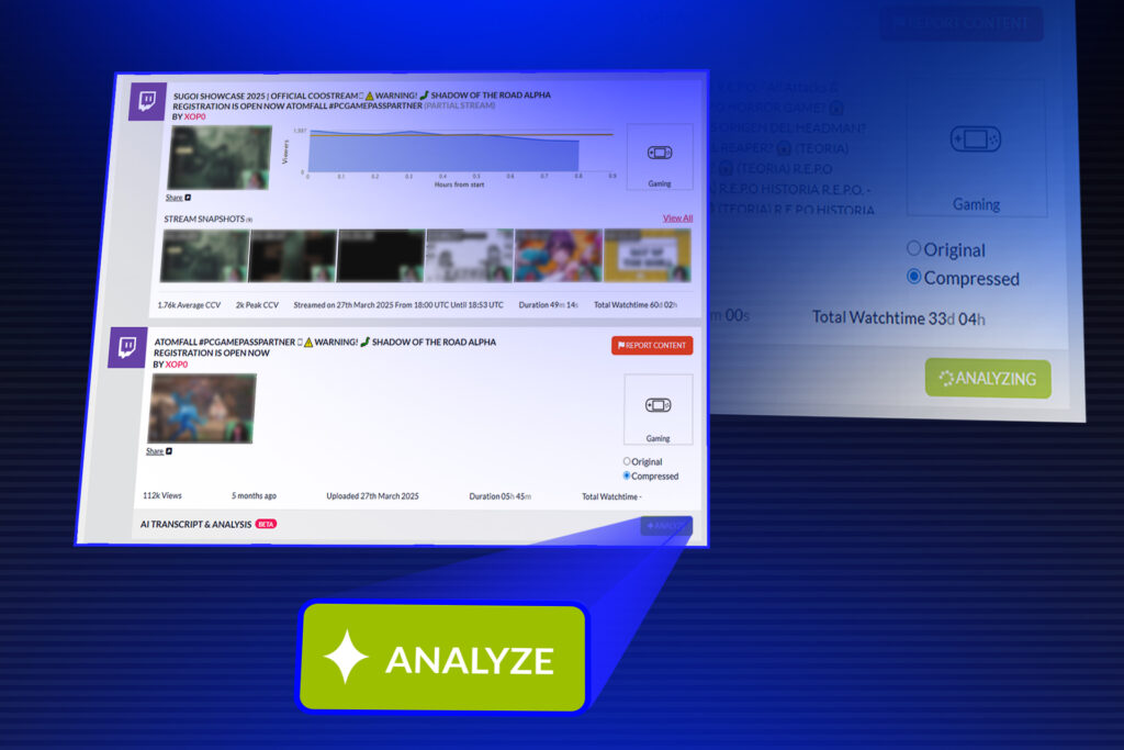Overview of video transcription and AI content analysis workflow in Partnier for game marketing latest update