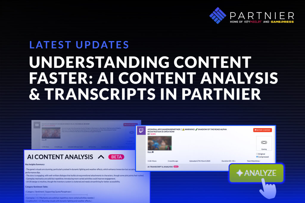 Partnier AI Content Analysis interface showing video transcript and insights for game marketing latest update
