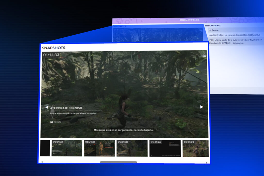 Partnier Stream Snapshots Detail: Timeline, Mid-Stream Switches, and Title History Close-up of Stream Snapshots timeline, timestamped thumbnails and title history in Partnier