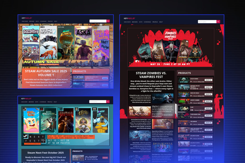 Screenshots of themed Steam event pages — including Keymailer-hosted Autumn Sale, Next Fest, and Zombies vs. Vampires Fest — highlighting how Partnier’s publishing spectrum now includes Steam event promotions and catalogue marketing. Shows Keymailer’s evolution within the wider Partnier ecosystem.
