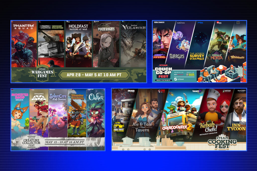 Four Steam-themed event banners shown as a set, including Steam Wargames Fest, Steam Couch Co Op Fest, Steam Creature Collector Fest and a Steam Cooking Fest panel with Overcooked 2, Kebab Chefs, and Inn Tycoon