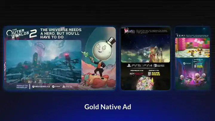 Partnier Gold-tier Native Social Ad with a static branded frame around a game trailer, including platforms and key messaging.