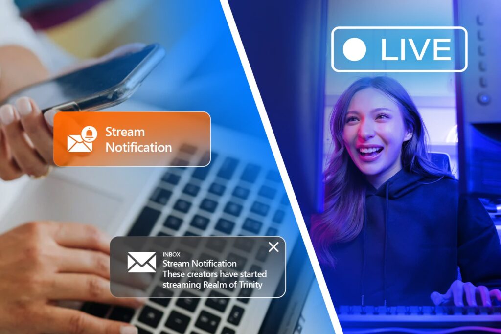Split-screen showing mobile stream alert notifications and a creator going live, highlighting Partnier’s real-time stream alerts.