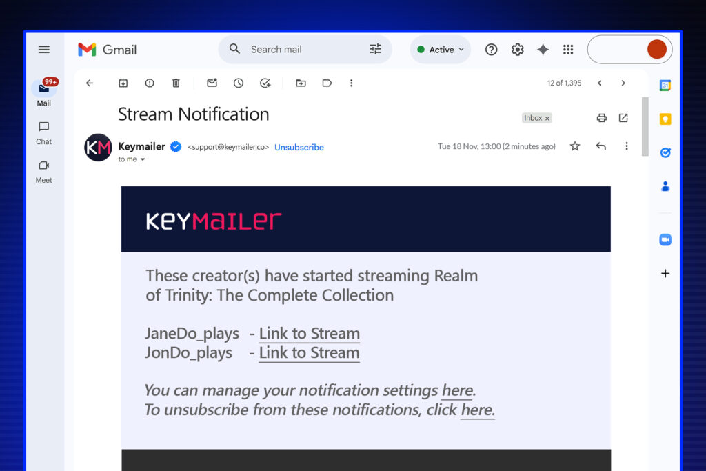 Gmail screenshot of a Keymailer branded Stream Alert email showing creators starting a live stream for a campaign title.