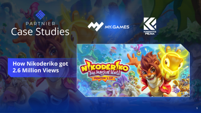 Case study header for Nikoderiko: The Magical World showing Partnier, MY.GAMES, and Knights Peak logos alongside colorful key art, with the headline “How Nikoderiko got 2.6 Million Views.”