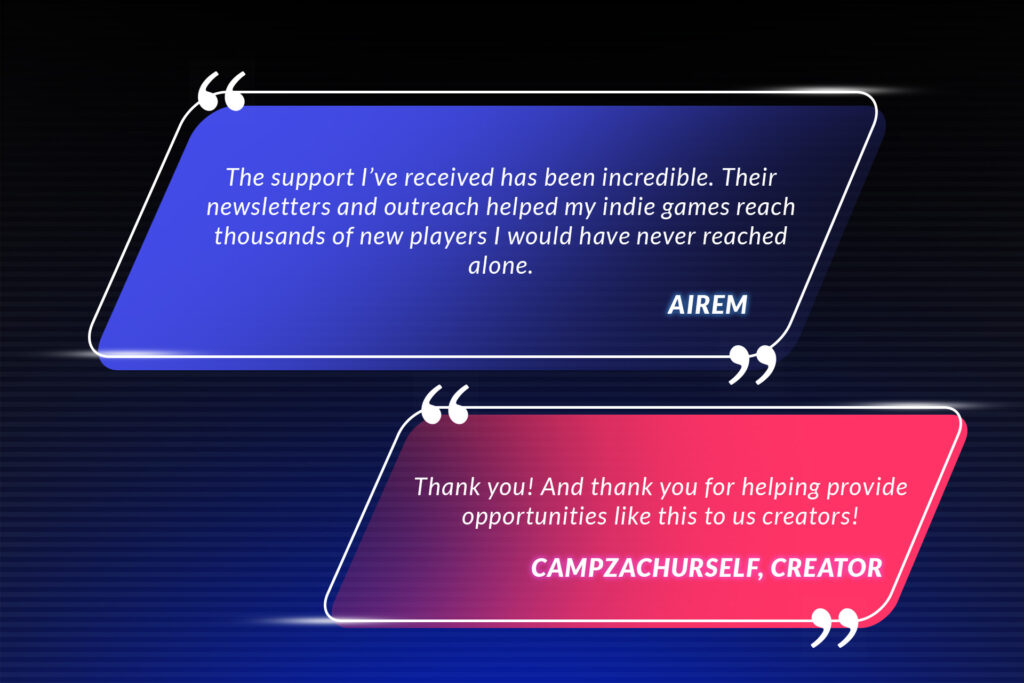Testimonial graphic with two quotes praising Keymailer’s newsletters, outreach, and creator opportunities, attributed to Airem and creator @CampZachUrself.