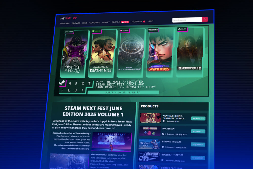 "Partnier Steam Next Fest June 2025 promotional image showcasing the Keymailer platform, featuring upcoming game demos like Agatha Christie: Death on the Nile, Pixel Starships 2, and Tormented Souls II, with details about Steam Next Fest and key requests."