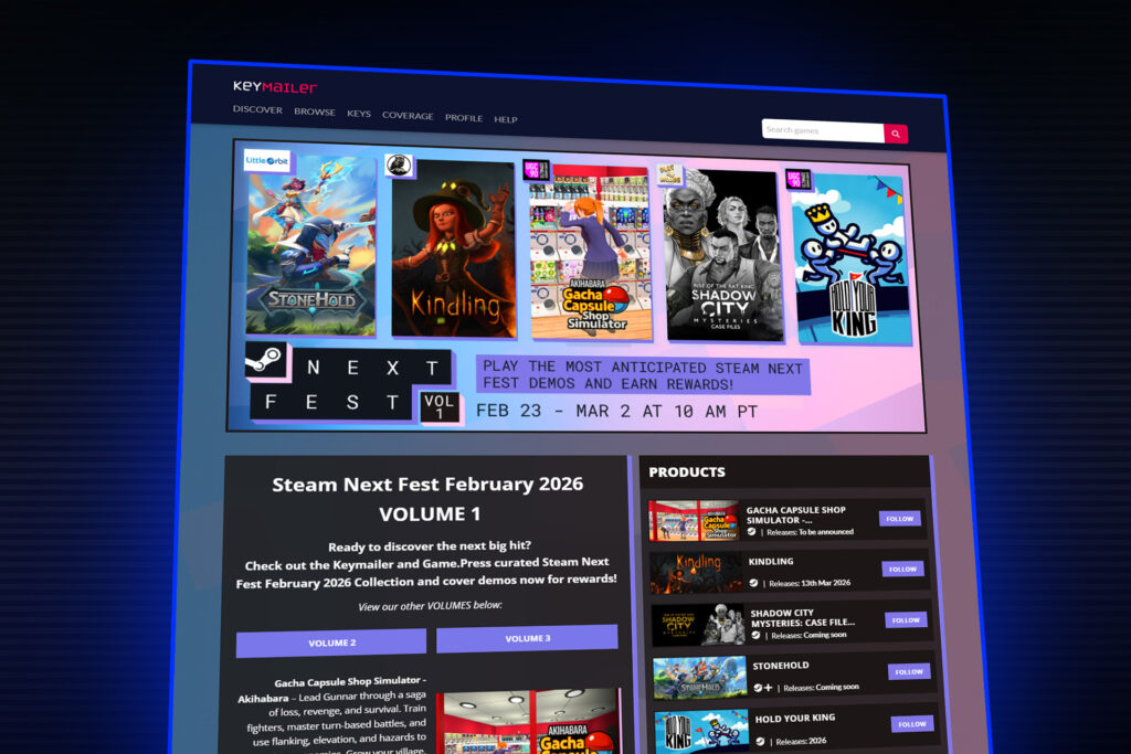"Partnier Steam Next Fest February 2026 promotional image showcasing the Keymailer platform, featuring game demos like Stonehold, Kindling, Gacha Capsule Shop Simulator, and more, with details about Next Fest and rewards for participating."
