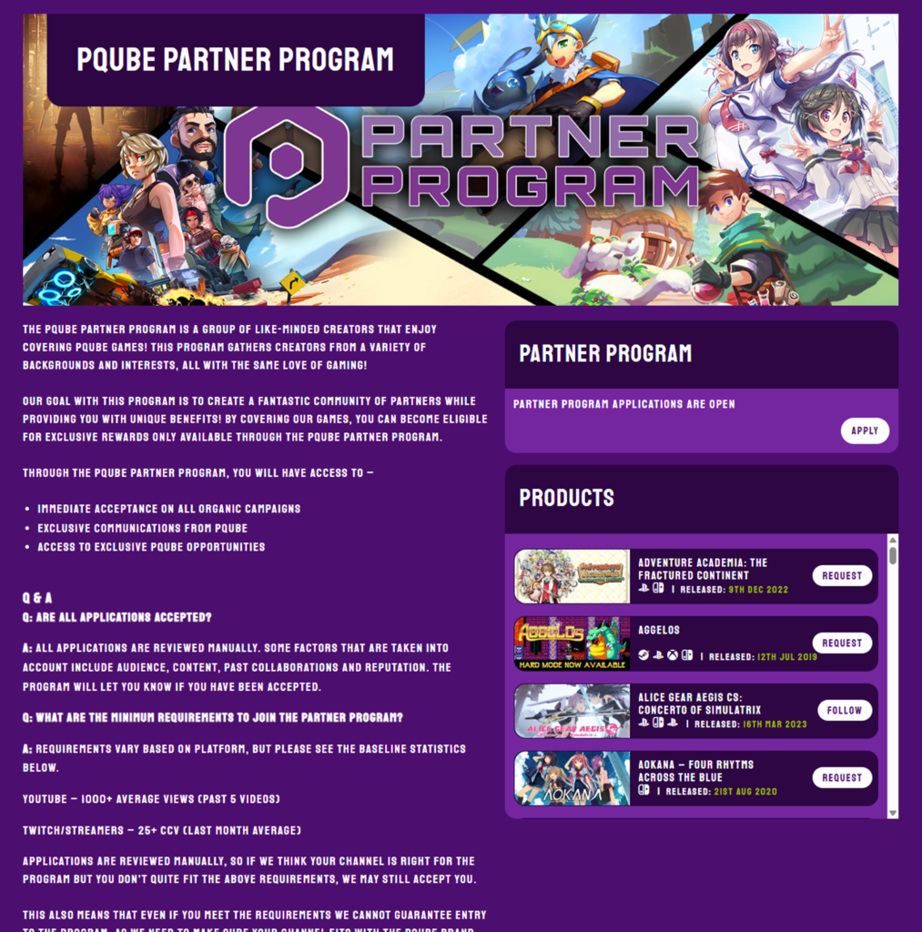 PQube Partner Program page featuring program overview, application section, creator benefits, requirements, and a list of available game campaigns for creators