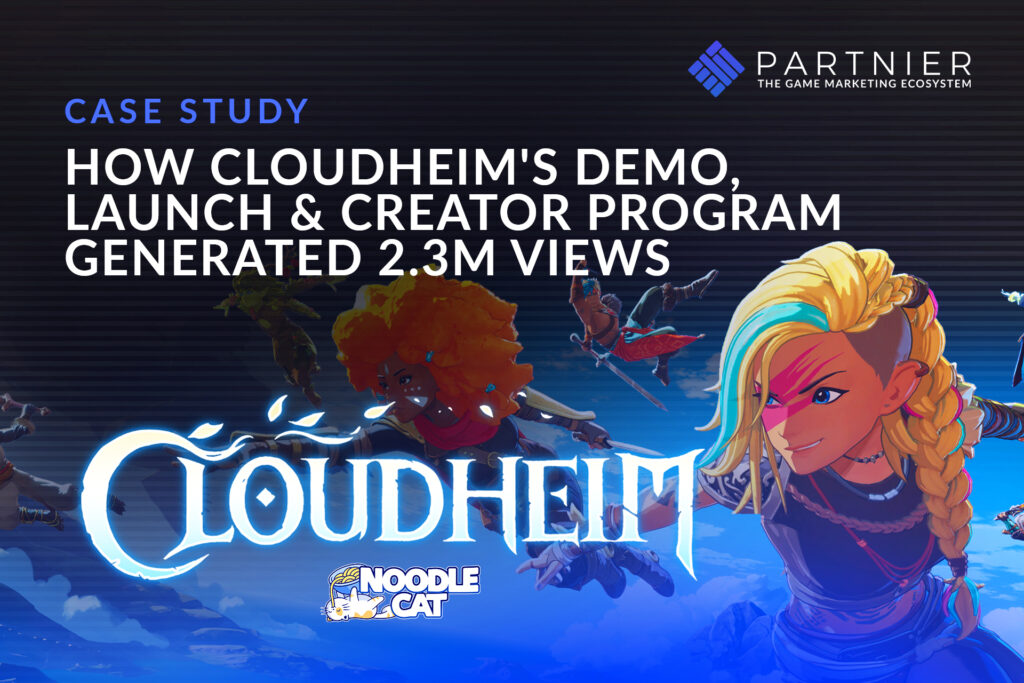A wide marketing header for a Partnier case study. The text reads: "CASE STUDY: "How Cloudheim's Demo, Launch & Creator Program Generated 2.3M View" The Partnier logo is in the top right, and the Cloudheim and Noodle Cat Games logos are at the bottom. The background is a vibrant blue sky featuring the game's stylized characters in action.