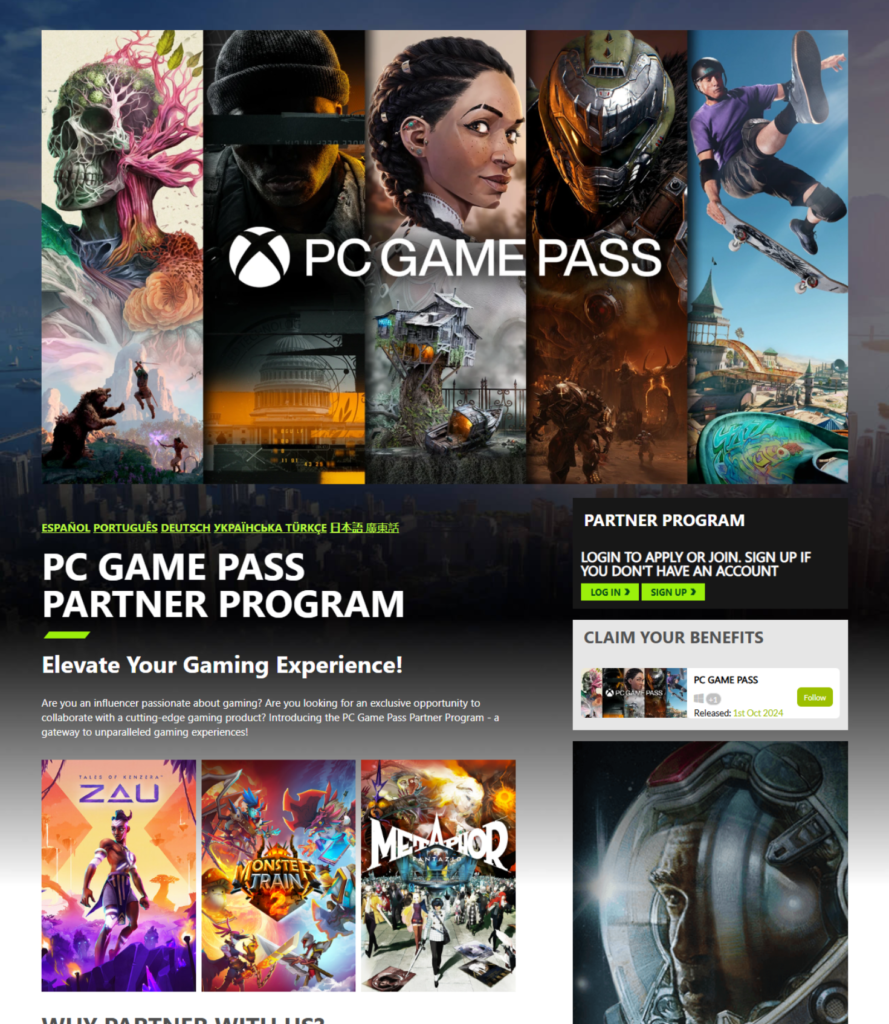 PC Game Pass Partner Program page featuring a collage of game characters and scenes, with information on joining the partner program, benefits, and featured titles available on PC Game Pass.