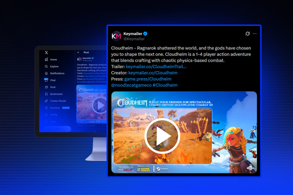 A graphic showcasing a social media promotional post on X (formerly Twitter) from Keymailer. The post provides a gameplay description of Cloudheim and includes several links for the trailer, creator page, and press kit. A large video preview is embedded in the post, showing a desert combat scene with a prominent white play button overlay. A stylized monitor showing the X interface is visible in the background.