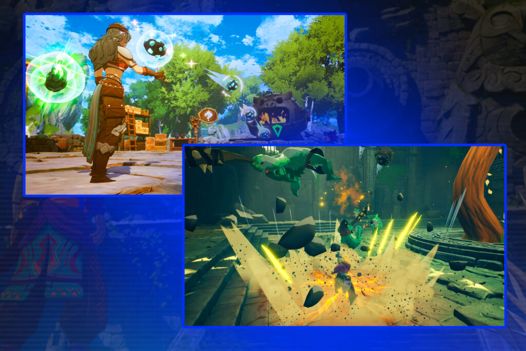 A collage of two gameplay screenshots from Cloudheim. The top-left image shows a character in a bright, lush forest setting using magic to levitate glowing green and blue orbs. The bottom-right image shows an action-heavy combat scene in a dark stone arena, where a character is performing a powerful ground-slam attack that emits yellow energy spikes and flying debris.