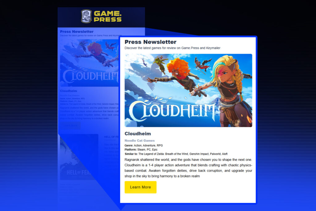 A graphic showcasing a social media promotional post on X (formerly Twitter) from Game.press. The post provides a gameplay description of Cloudheim and includes several links for the trailer, creator page, and press kit. A large video preview is embedded in the post, showing a desert combat scene with a prominent white play button overlay. A stylized monitor showing the X interface is visible in the background.