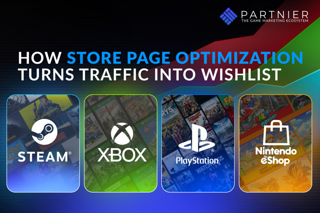 Blog header graphic titled "How Store Page Optimization Turns Traffic Into Wishlist" by Partnier. Below the text, four rounded square panels display the logos for Steam, Xbox, PlayStation, and Nintendo eShop, with video game background art behind each logo.