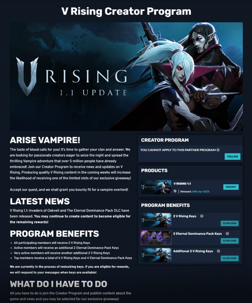 V Rising Creator Program page highlighting the 1.1 update, program overview, latest news, creator rewards, and available game keys and DLC benefits