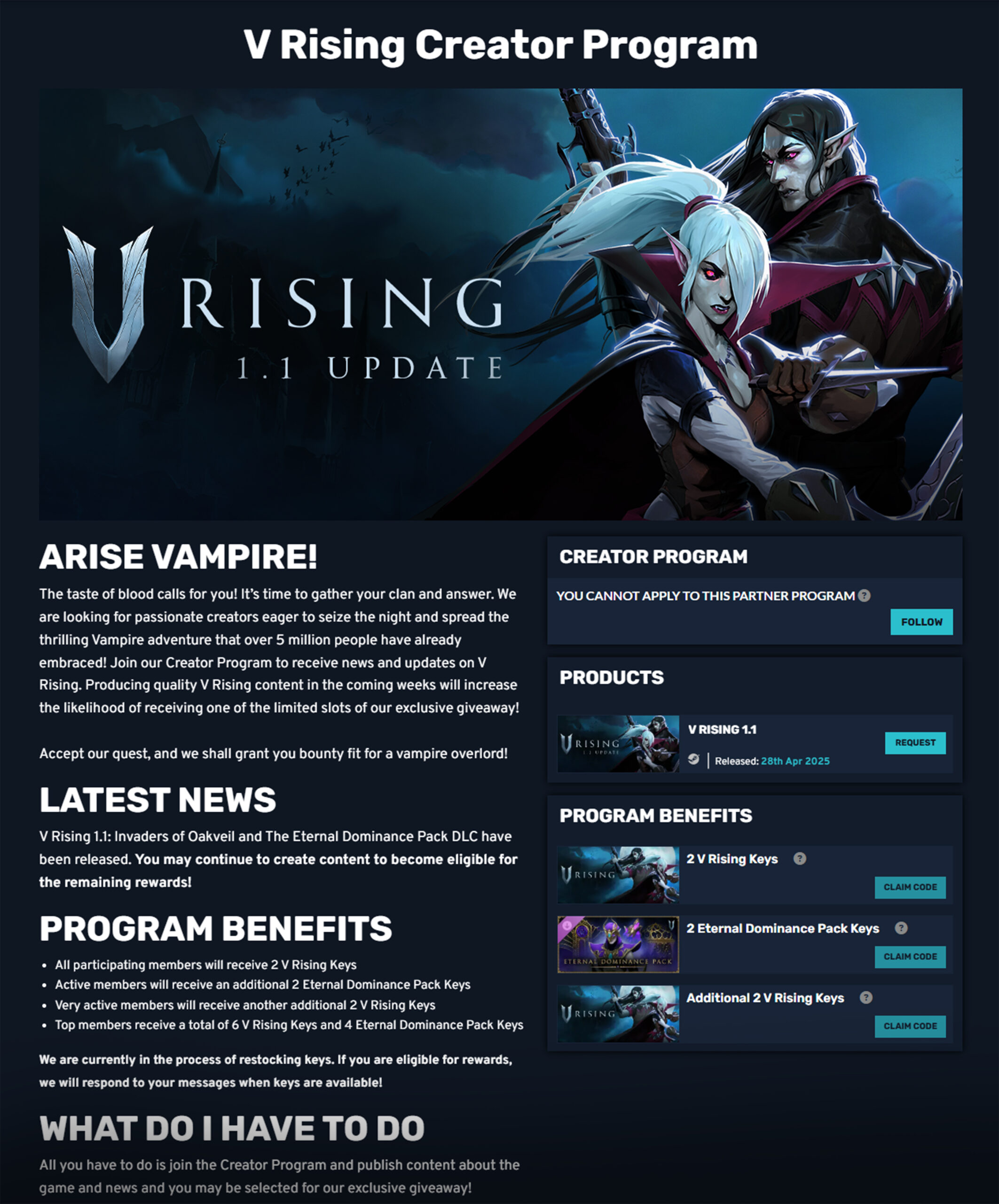 V Rising Creator Program page highlighting the 1.1 update, program overview, latest news, creator rewards, and available game keys and DLC benefits