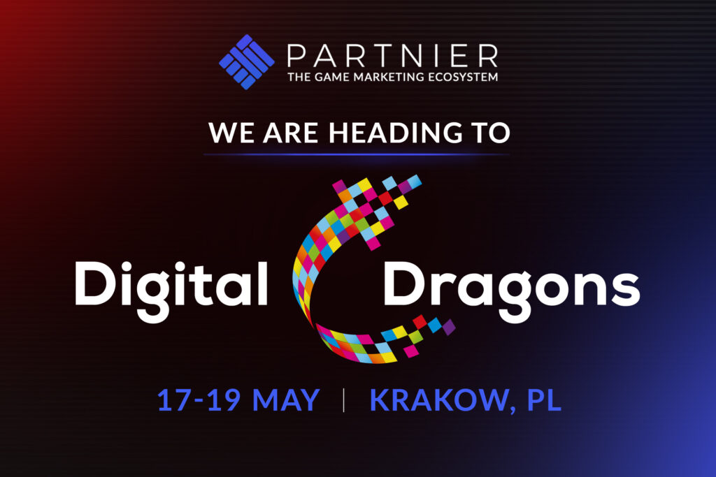 Promotional graphic on a dark red to blue gradient background. At the top is the logo for "PARTNIER THE GAME MARKETING ECOSYSTEM". Below it, text reads "WE ARE HEADING TO" over a faint glowing line. In the center is the "Digital Dragons" logo, featuring a curved, pixelated shape made of colorful squares between the words "Digital" and "Dragons". At the bottom, bright blue text states "17-19 MAY | KRAKOW, PL