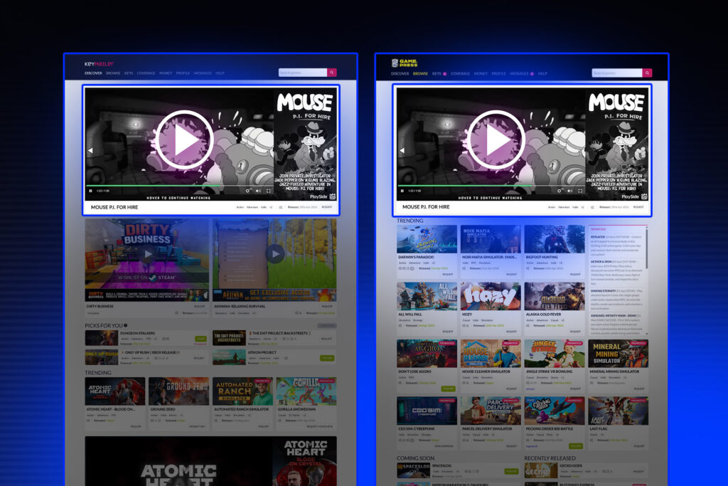 Spotlight ad (full-width) for Mouse: P.I. For Hire, on Keymailer and Game.Press Discover Page.